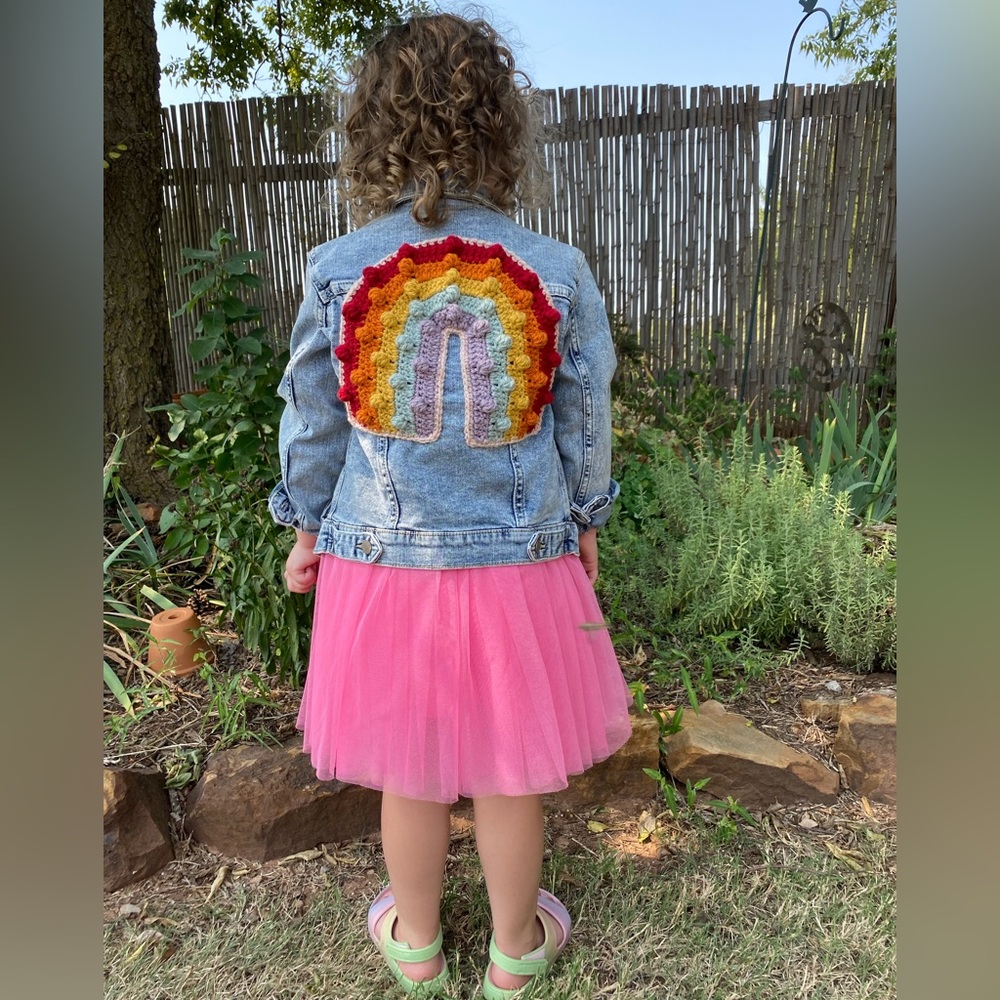 Girls 6-6X Denim Jean Jacket with crochet rainbow